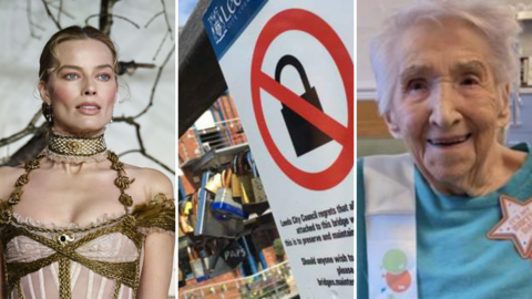 Three images in a row: Margot Robbie, a sign on a bridge and an older woman celebrating her birthday