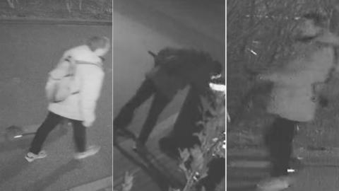 Three grainy black and white CCTV images of a man with short hair, a light coloured jacket and backpack, dark trousers and lighter trainers. He is holding a scooter in every image. In the first he is walking along a road his back to the camera, in the second he is looking into a wheelie bin, and the third is a side view of him appearing to ride the scooter  