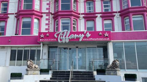 A frontal shot of the pink-fronted Tiffany's Hotel, Blackpool