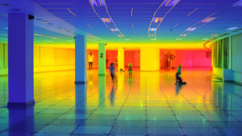 The interior of Cabot Circus multi-storey car park. It is a large industrial building with concrete walls, floors and columns. It has been filled with a colourful, thermal looking light with a gradient from dark blue to green, yellow, orange and red. There are children and visitors playing in the middle of the room.