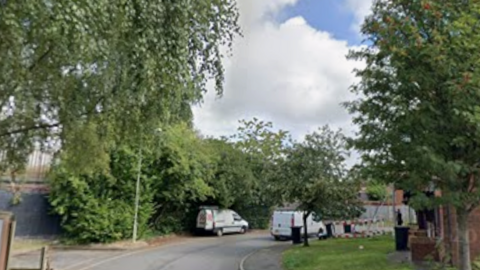 A road which bends around to the right, with a house on the right hand side and two white vans parked either side of the road. There are green bushes and trees on the left