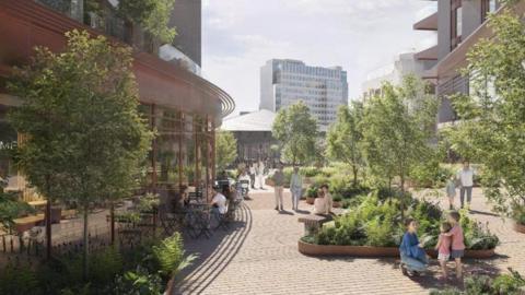 A computer generated image of the proposed central boulevard. It shows a paved footpath with small green trees and bushes with cafe's on the left side. People are sitting outside enjoying a drink or some food. There are also people walking along the path.