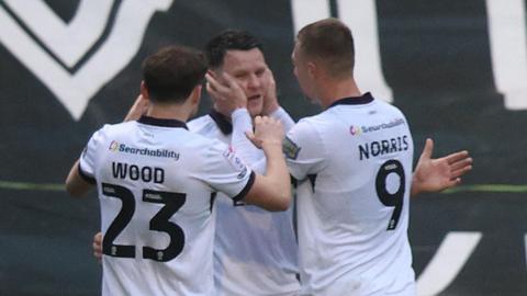 Tranmere player celebrate their goal against Newport County