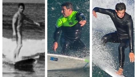 A trio grid from left to right: Ian surfing in trunks in black and white photo, Andy surfing in a gren and black wetsuit and Ethan in a black wetsuit 