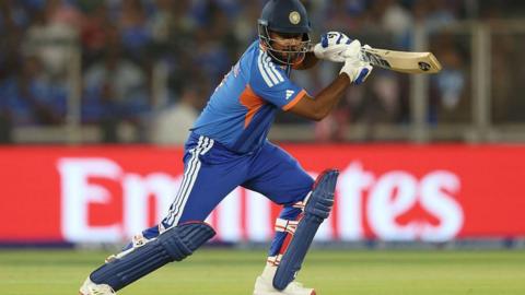 Sanju Samson of India bats during the ICC Men's T20 World Cup India & Sri Lanka 2026 Final between India and New Zealand at Narendra Modi Stadium on March 08, 2026