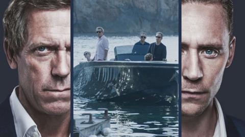 A split image showing Hugh Laurie on the left, Tom Hiddleston on the right and a scene from The Night Manager in the centre showing several characters on a boat.