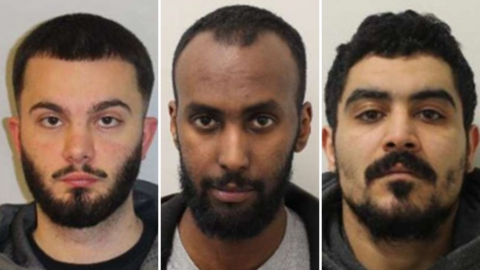 Composite image shows three bearded men. The left and right have neutral expressions, the man in the middle is smiling