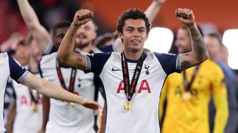 Tottenham's Brennan Johnson celebrates their Europa League win 