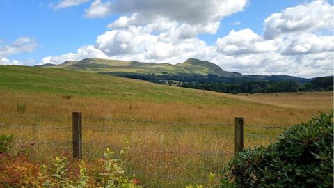 Rolling green fields mixed with patches of dry yellow grass under a partly cloudy blue sky. In front is a rustic wooden fence with barbed wire running horizontally across the frame and hills in the distance.