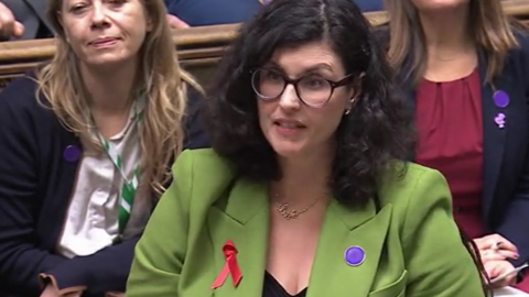 Layla Moran delivering her PMQ in parliament. She wears a green jacket, with a red ribbon on it and a purple broach. 