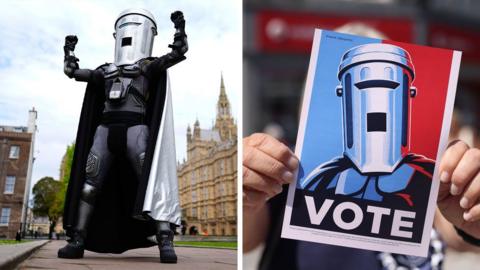 A split screen showing a man with a bin on his head posing triumphantly outside the Houses of parliament and a close up of a colourful poster with the word 'Vote' and a picture of Count Binface held to the camera ( left)