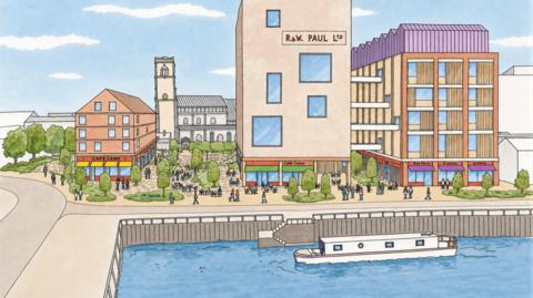 A drawing of a town's waterfront. Buildings and open public spaces line the waterfront. There is a boat resting on the water nearby.