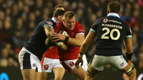 Dewi Lake carries the ball for Wales against Scotland in the 2025 Six Nations