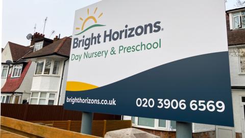 Bright Horizons day nursery preschool sign in front of houses