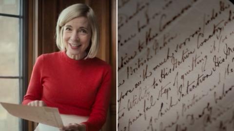 Lucy holding a draft letter of King George III's abdication