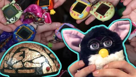 A composite image of a Furby and a Xee robot pet over some Tamagotchis