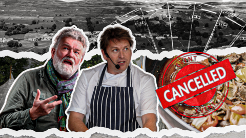 A picture compilation shows chefs Si King and James Martin. A red stamp on the side says "event cancelled" and has been placed over a plate of food. In the background, one can see the countryside and a big Ferris wheel.