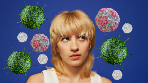 A person with blonde hair, dressed in a white top, stands against a blue backdrop. Surrounding them are floating, orb-like structures resembling virus particles.