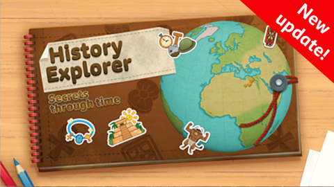 An old picture book with a image of Earth on it. Text reads "History Explorer: Secrets through Time".