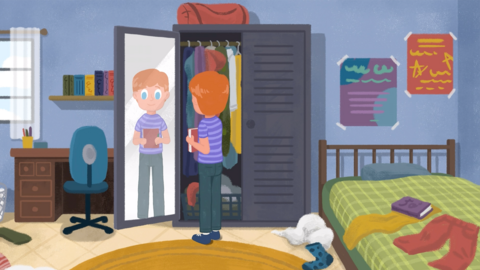 An illustration of a young boy reading to himself in the mirror.