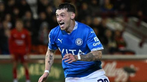 Stockport's Louie Barry celebrates his injury-time equaliser at Barnsley