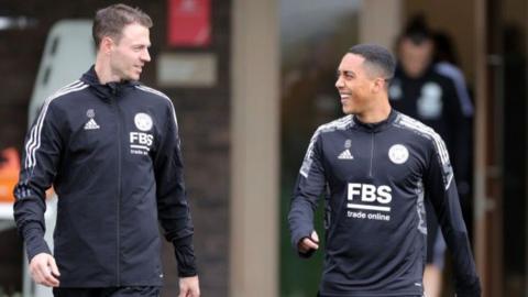 Jonny Evans and Youri Tielemans talking at training during their Leicester days