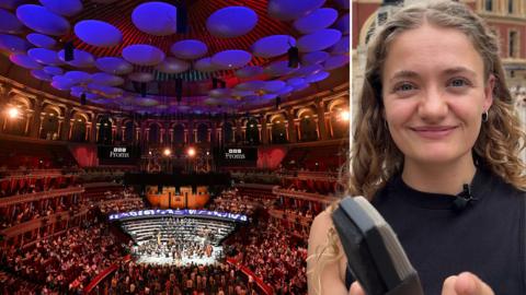 An image of the Relaxed Prom at the Royal Albert Hall, taken from a high vantage point overlooking the orchestra and the audience in attendance. Alongside a photo of Matilda who works at the BBC, holding a microphone and smiling. She is wearing a black top.