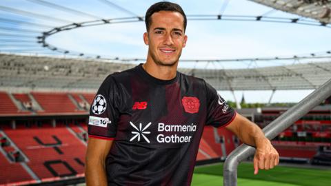 Lucas Vazquez poses for a photo during his signing presentation at the BayArena 