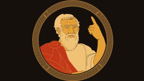 Illustration of a bearded ancient Greek holding up an index finger