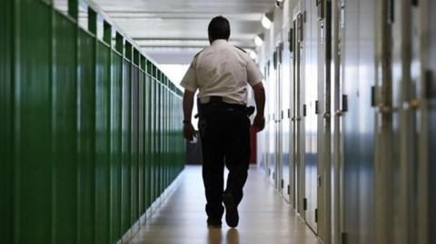 A prison officer walking past cell doors, with a set of green railings to their left. They are wearing a white shirt and black trousers.