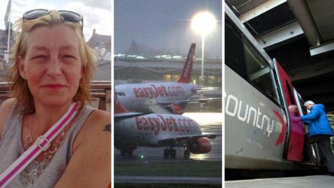 A composite image. On the left is Dawn Sturgess. She has light hair and is wearing a grey top with sunglasses on top of her head. In the middle are two Easyjet planes taxiing on a runway in dark, damp conditions. On the right is an elderly man boarding a CrossCountry grey and red train. He is wearing a blue coat.