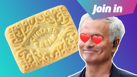 Jose Mourinho with heart eyes next to giant custard cream.