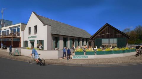 An artist's impression of a restaurant site. It has a gable roof and an outside seating area.