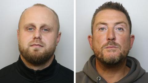 Police mugshots of Dennis on the left and Maine on the right. Dennis has short blonde hair and a beard and is wearing a black three quarter zip top. Maine has short brown hair and a patchy beard and is wearing a dark grey hoodie. They are both standing against a grey background with a neutral facial expression.