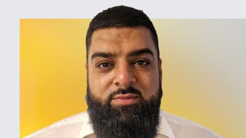 Manchester City reporter Shamoon Hafez against a yellow background