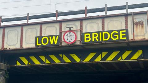 The close up of a railway bridge. A fluorescent yellow sign reads "Low Bridge" in capital letters. There is a circular sign between the two words that informs drivers of the bridge's height - it reads 4.2m and 13ft 9in. 