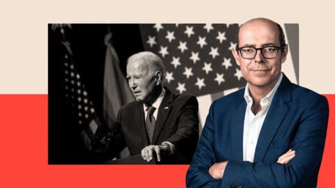 A treated image of Joe Biden with a image of Nick Robinson edited on the side
