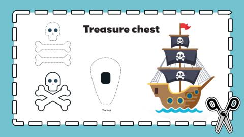 Line drawings of skull and cross bones, treasure chest items, and a cartoon galleon with pirate flag.