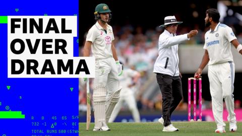 Australia's Sam Konstas & India's Jaspit Bumrah are separated by an umpire 