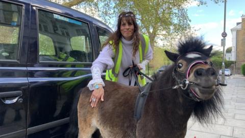 A woman stood behind a miniature pony next to a black taxi
