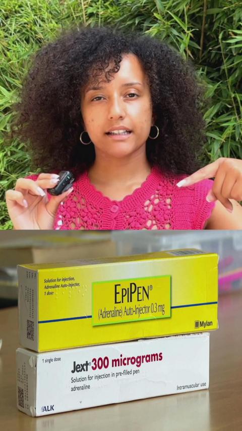 A composite image with Eve Hughes above in a pink top holding a small microphone in one hand and pointing downward with her other. Below her is a yellow cardboard box in a table with EpiPen written on it. 