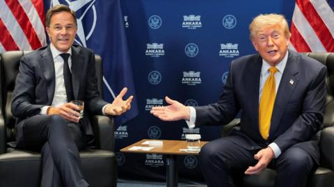U.S. President Donald Trump and NATO Secretary General Mark Rutte hold a bilateral meeting on the sidelines of the NATO leaders summit a