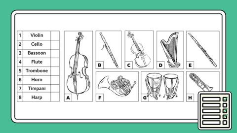 Line drawings of various instruments from an orchestra and the correct titles of the instruments to match.