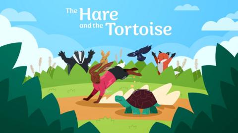 An illustration showing a hare overtaking a tortoise in a race. A badger, fox and crow watch with raised hands. Text reads, 'The Hare and the Tortoise'.