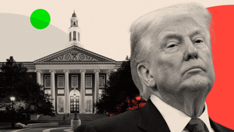 A treated image of Donald Trump alongside Harvard University