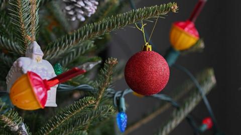 Christmas baubles hang from a Christmas tree.