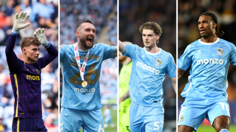Carl Rushworth, Matt Grimes, Jack Rudoni and Haji Wright all in Coventry City kit. Grimes has a Championship medal around his neck.