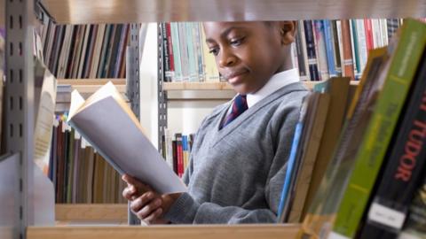 A boy in grey school sweater, white shirt and striped blue and red tie can be seen through a gap in library shelves. He is reading a pamphlet.