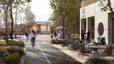 A mock-up of what the station quarter could look like at street level. There are chairs and tables for a cafe, and people walking and cycling.