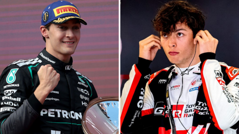 A split image of Mercedes driver George Russell and Haas' Oliver Bearman 